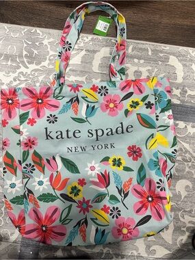 kate spade floral book canvas tote in mint with multicolor blooms